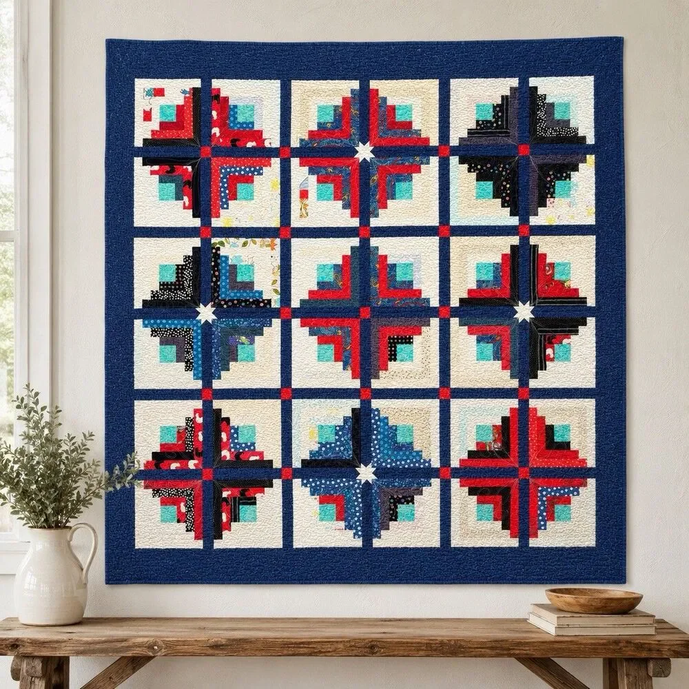 Handmade Log Cabin Patchwork Quilt 57.5x57 Chicken Backing Red Blue Throw